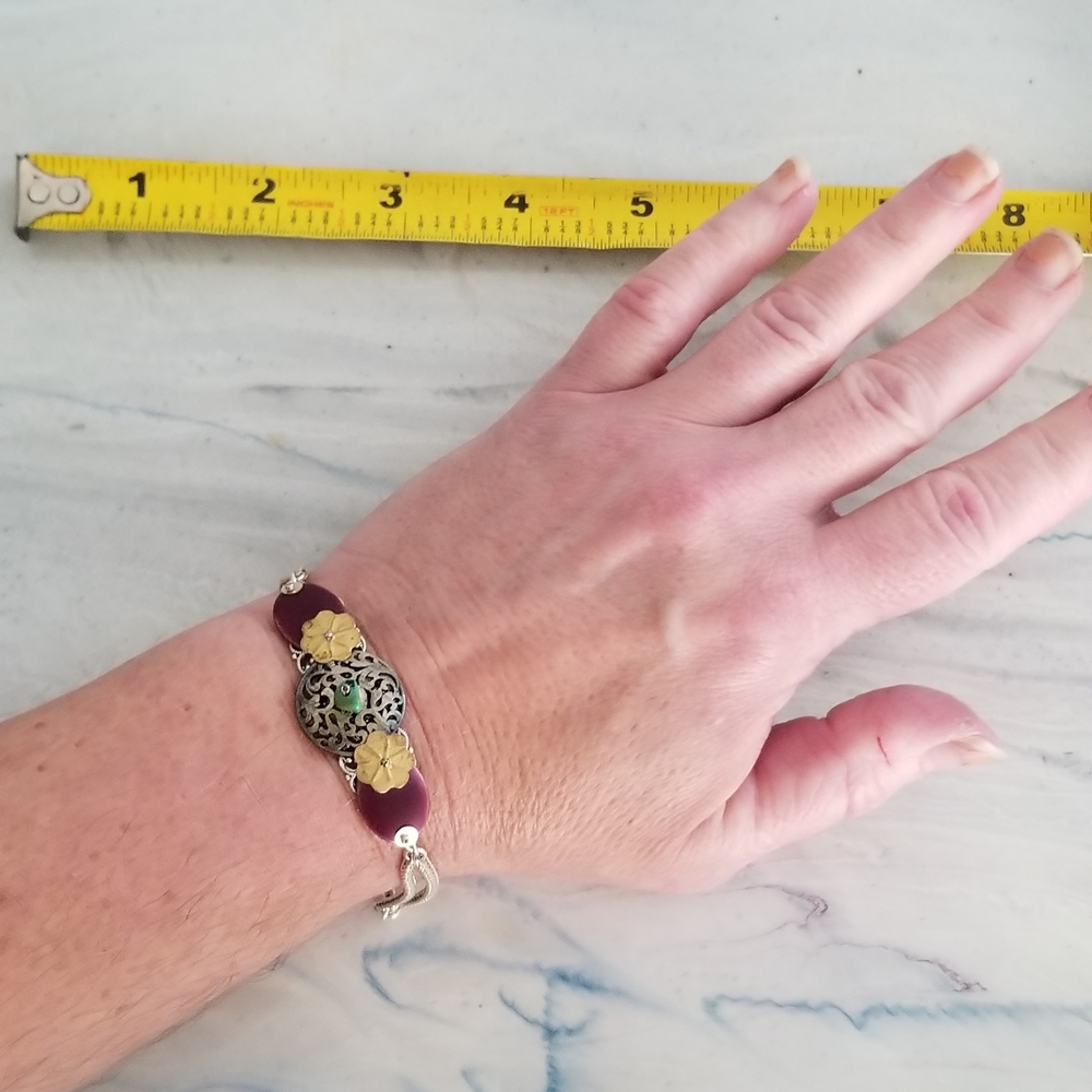 Silver/ Gold Two Tone Floral w/Mauve Filigree Accents Genuine Turquoise Bracelet